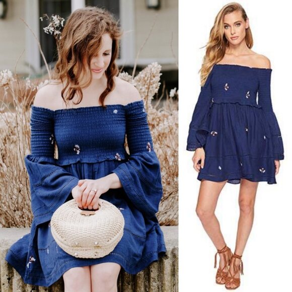 Free People Blue Flare Sleeve Off Shoulder Dress Size XS Counting Daises Boho - Picture 15 of 16
